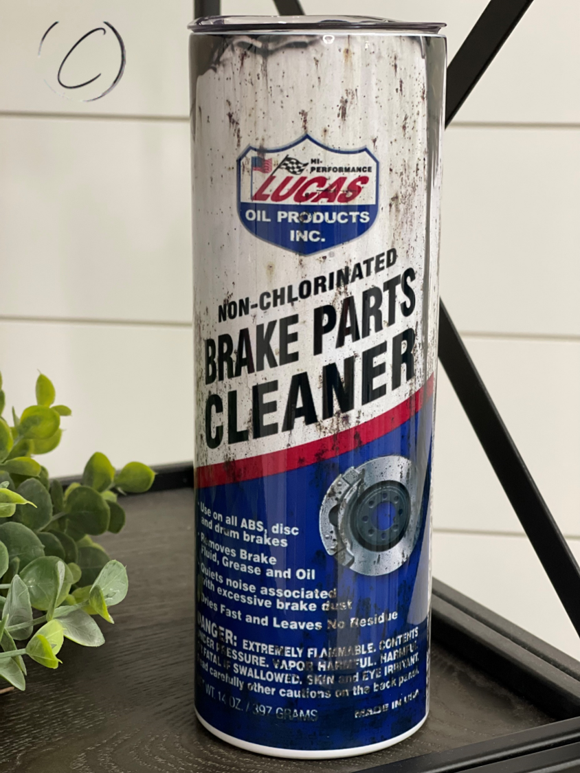 Lucas Brake Cleaner 20oz Skinny Tumbler with a full wrap design, featuring a reusable straw and an insulated body for temperature retention.